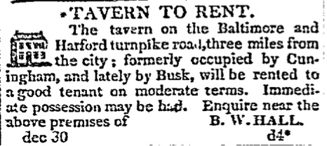Baltimore Patriot December 1822 (Halls Springs Tavern for Rent)