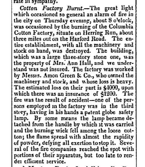 (1844) Baltimore Sun March 16, 1844 (burning of the Columbia Mill) cropped