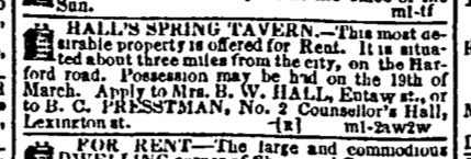 (1849) Baltimore Sun March 1849 (rental of Hall Springs Tavern) cropped