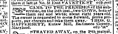 (1852) Baltimore Sun October 23, 1852 (tenant at Eutaw Mill)