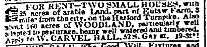 (1855) Baltimore Sun June 12 1855 (Rent of two small houses on Eutaw) cropped